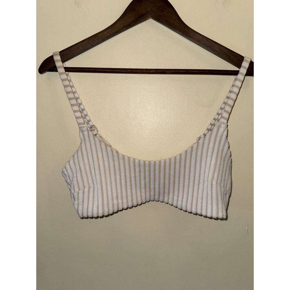 Aerie Beige & White Striped Terry Cloth Scoop Neck Bikini Swim Top - Size L